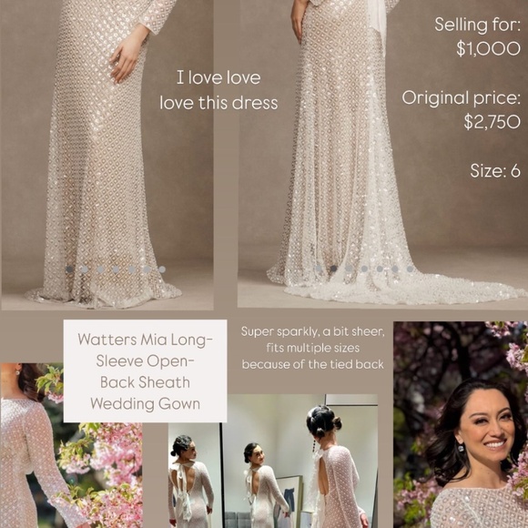 Watters Mia Long-Sleeve Open Back Sheath Wedding Gown - Picture 1 of 5